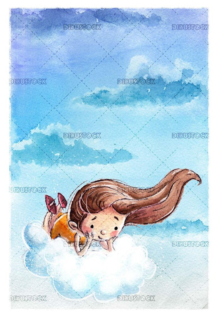 a watercolor painting of a girl flying in the sky on a cloud with her dog