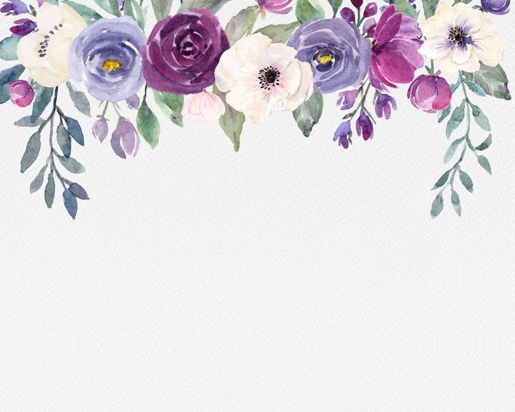 watercolor flowers on white paper with green leaves and purple blooms in the center, above it is an empty space for text