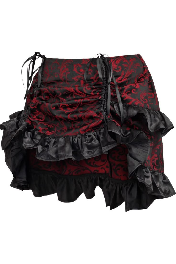 Elastic Waistband Adjustable length using drawstring underneath the skirt Perfect for Pirate, Steampunk, Cosplay and Showgirl styles Regular fits 25" - 30" waist; Curvy fits 32" - 36" waist; Queen fits 38" - 44" waist Gothic Ruffled Skirt Bottoms For Alternative Fashion, Vampire Skirt, Skirt Types, Red And Black Skirt, Pirate Skirt, Cool Skirts, Black And Red Clothes, Gothic Skirt Outfit, Red Steampunk Outfit