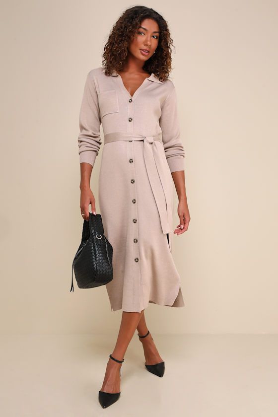 When it comes to autumn aesthetics we say the cozier the better, and that is why the Lulus Charming Comfort Beige Collared Button-Up Sweater Dress is an optimal fall 'fit! This chic sweater knit dress starts with a classy collared neckline and long sleeves. A functional button placket and a front patch pocket accent the figure-flaunting bodycon silhouette that falls to a midi hem with twin side slits. A matching tying sash cinches at the waist for a perfect, adjustable fit! Fit: This garment fit Winter Office Dress With Button Closure, Casual Collared Midi Dress For Winter, Fall Office Dresses With Buttons, Casual Buttoned Shirt Dress For Winter, Winter Midi Dress With Button Closure, Winter Workwear Button-up Midi Dress, Casual Winter Shirt Dress With Buttons, Winter Casual Shirt Dress With Buttons, Fall Midi Length Belted Shirt Dress