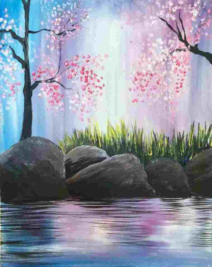 an acrylic painting of trees and rocks in the water with bright lights behind them