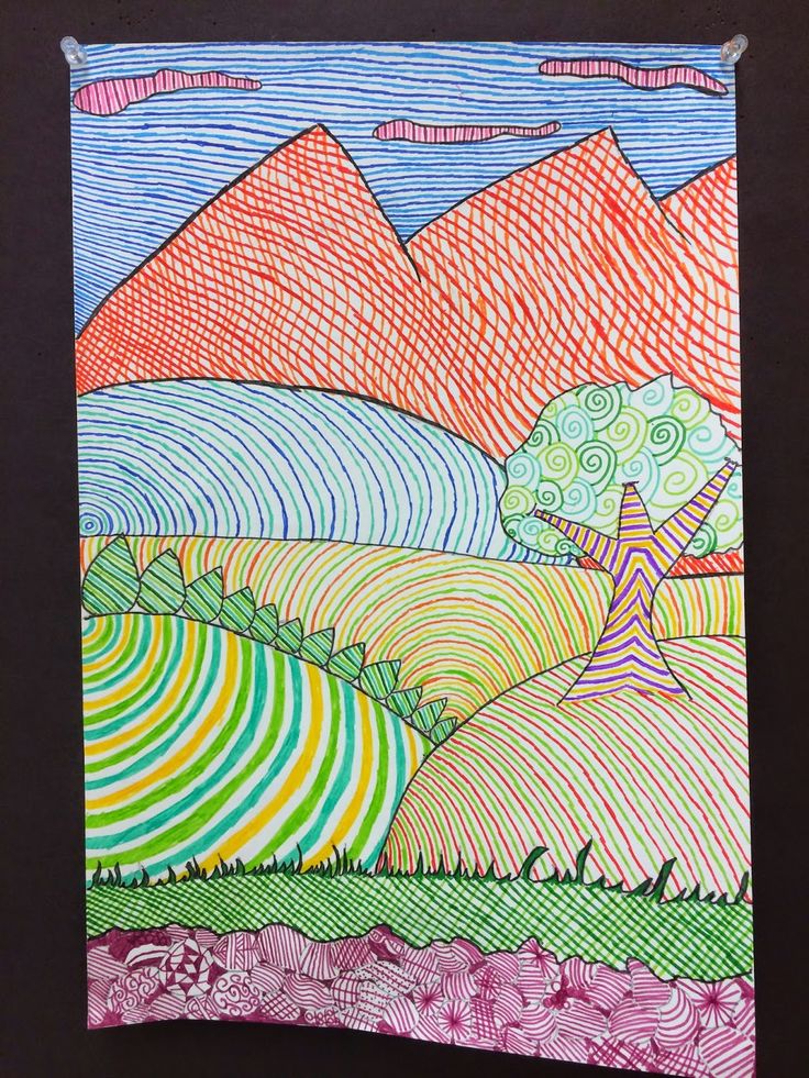 a drawing on paper with mountains and trees in the background