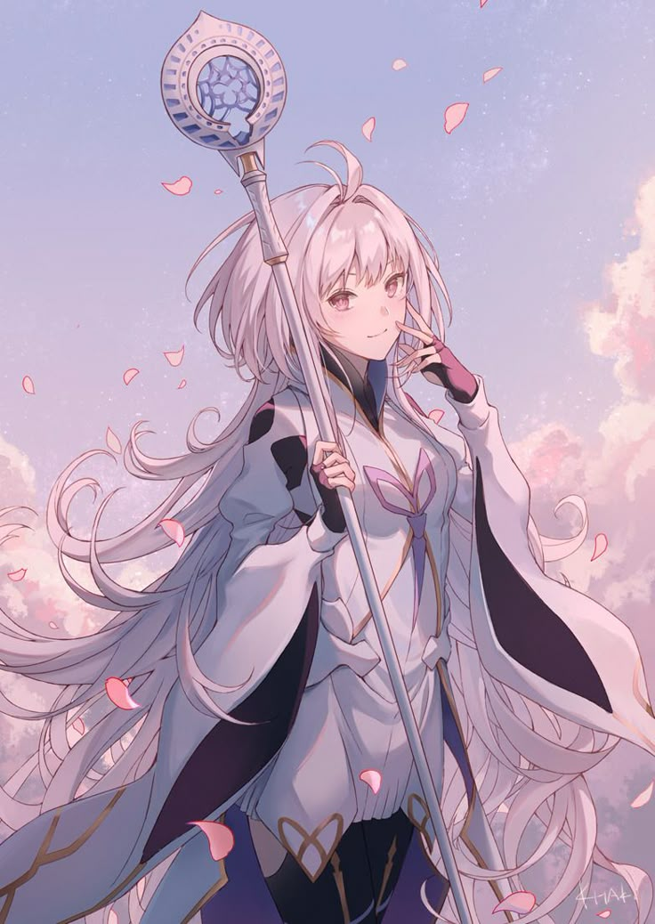 an anime character with long white hair holding a staff and wearing a blue dress, standing in front of pink clouds