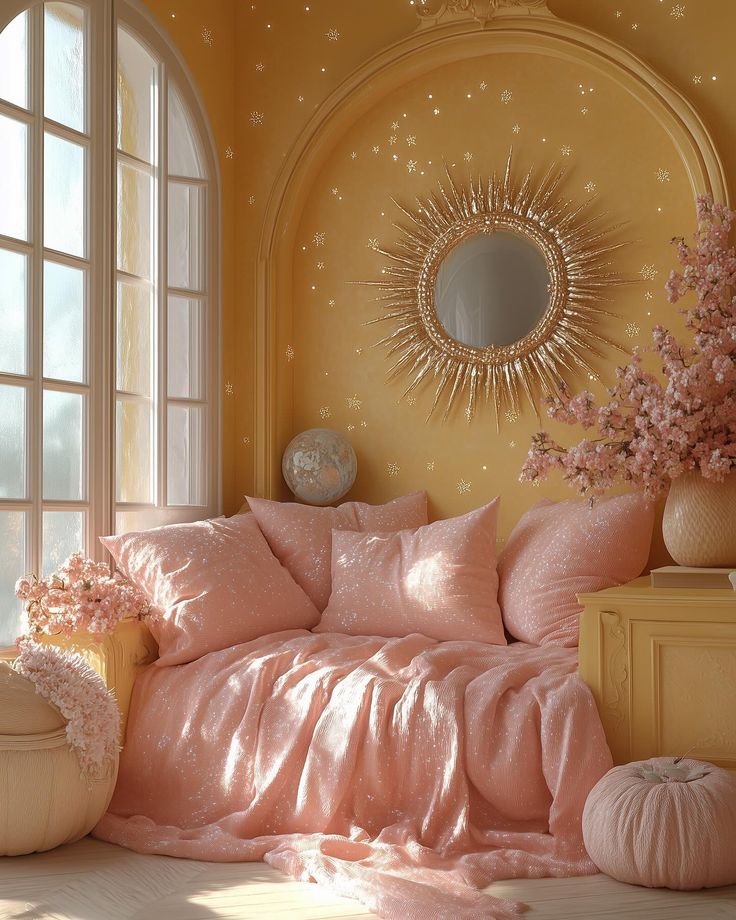 a bedroom with yellow walls and pink bedding