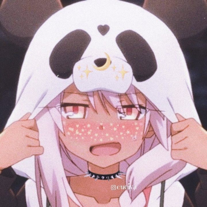 an anime character with pink hair and panda ears on her head, covering her eyes