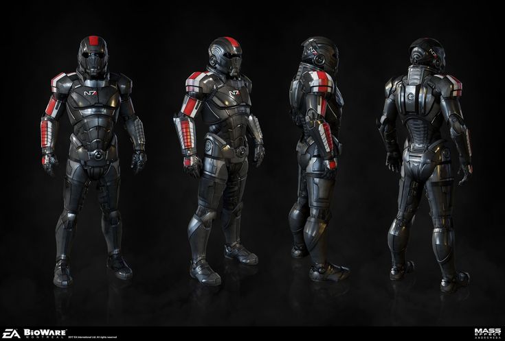 some sci - fi characters are standing in the dark with their helmets and body armors