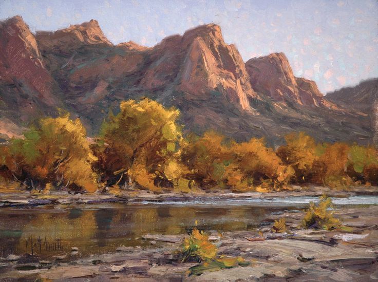 an oil painting of mountains and trees in the fall with a river running between them