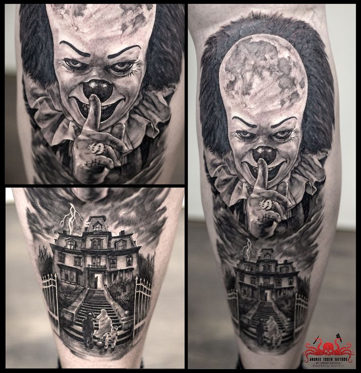 some scary clown tattoos on the legs and leg, all done in black and grey