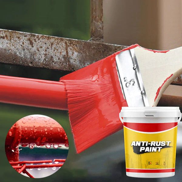 a bucket of paint next to a painting roller and red brush with the words anti - rust paint on it