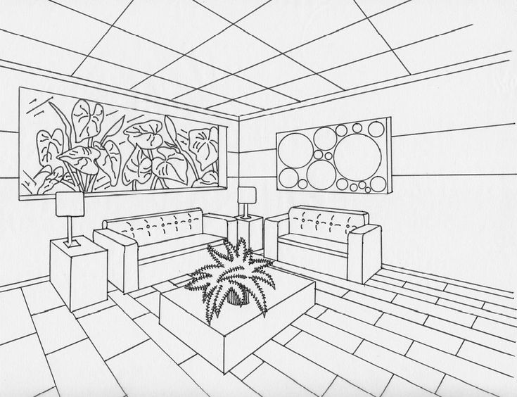 a black and white drawing of a living room with couches, coffee table, potted plant and paintings on the wall