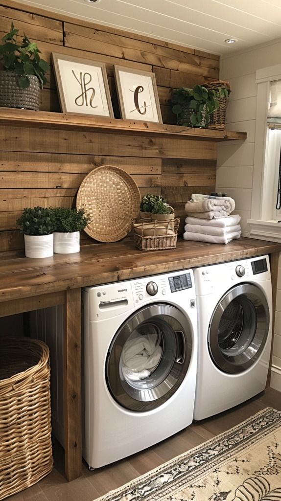 a washer and dryer in a room with wood paneling on the wall