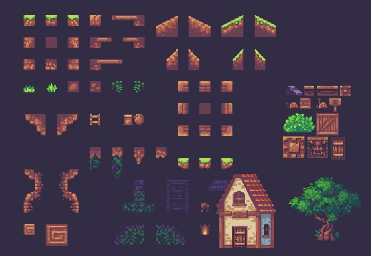 pixel art showing different types of houses and trees