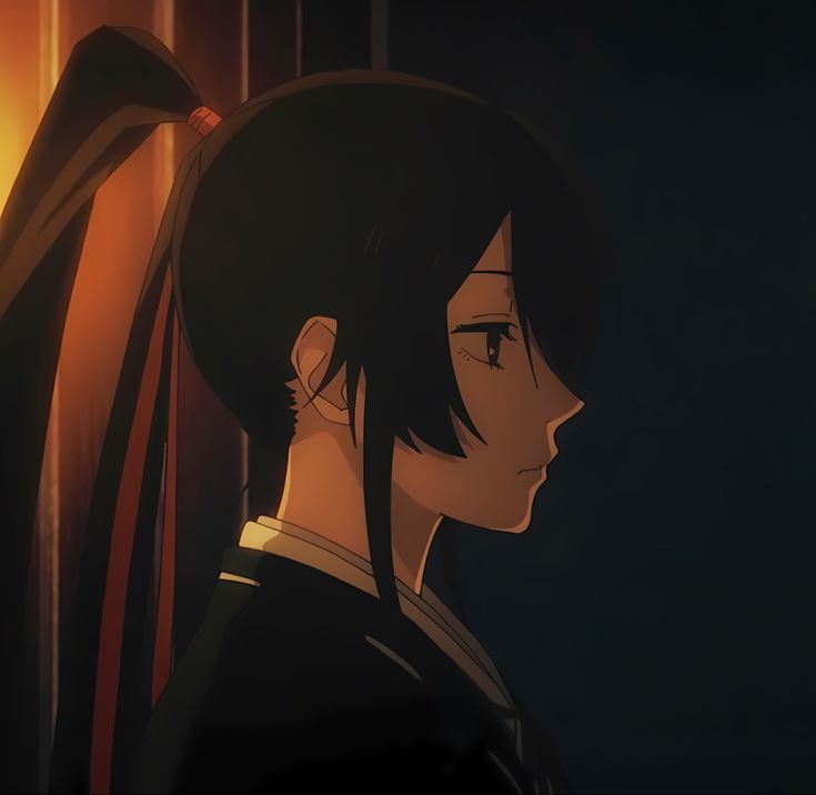 an anime character with long black hair staring at something