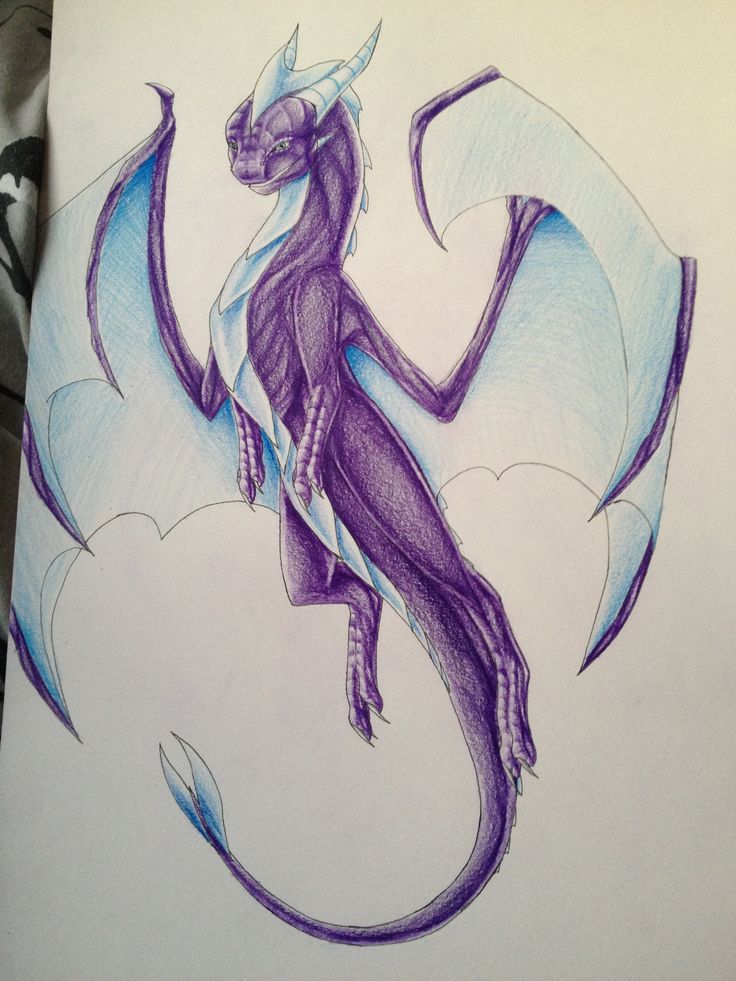 a drawing of a purple dragon sitting on top of a white sheet with blue ...