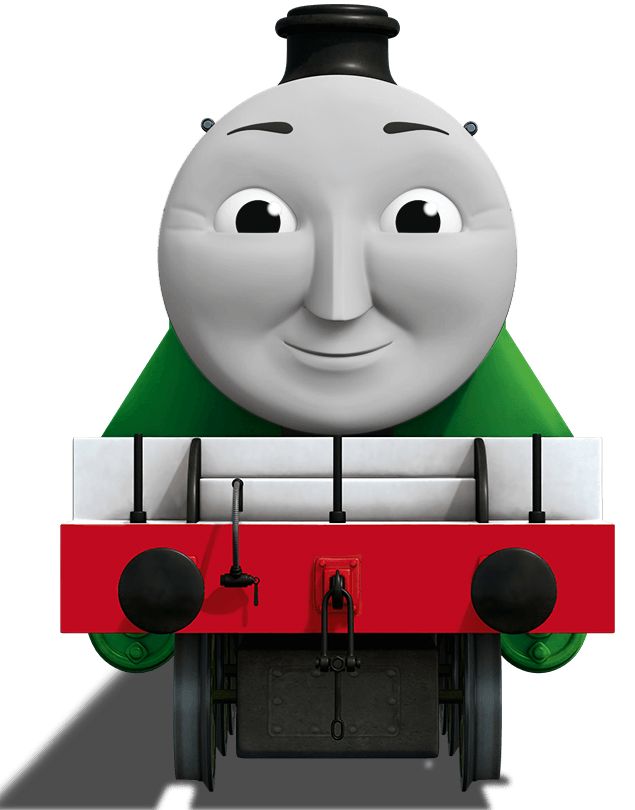 thomas the tank engine is riding on top of a red train car with his eyes wide open