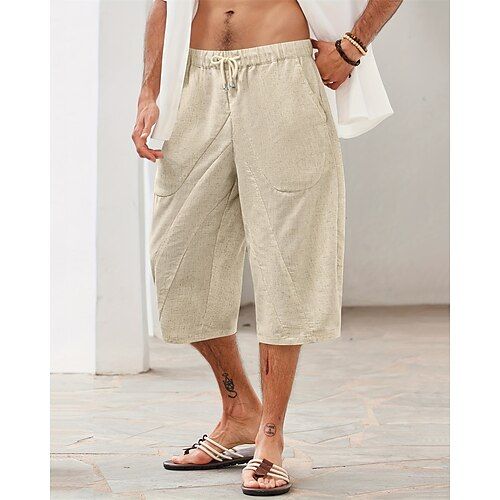 Category:WE-Pants; Season:Summer; Fabric:25% Linen,75% Cotton; Gender:Men's; Style:Hawaiian,Boho; Occasion:Beach,Holiday,Vacation; Fit Type:Regular Fit; Function:Comfort,Breathable; Waistline:Mid Waist; Pattern:Plain; Design:Elastic Waist,Drawstring,Pocket; Pants Type:Summer Shorts,Linen Shorts,Beach Shorts; Fly Type:Elasticity,Drawstring; Front page:FF; Listing Date:04/07/2024; Production mode:External procurement; Hips:; Length:; Waist:; Pants Length:Calf-Length Summer Bottoms With Built-in Shorts For Leisure, Khaki Bottoms With Built-in Shorts For Summer, Summer Khaki Bottoms With Built-in Shorts, Leisure Shorts With Pockets For Beach Season, Bottoms With Built-in Shorts For Vacation Leisure, Casual Khaki Beach Shorts, Khaki Bermuda Bottoms For Summer, Khaki Shorts For Summer Vacation, Khaki Bottoms For Leisure In Summer