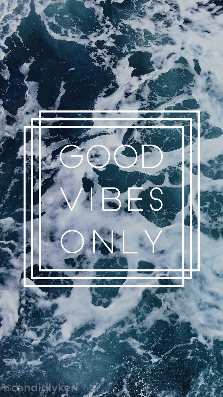 the words good vibes only are in white on a black and blue background with waves