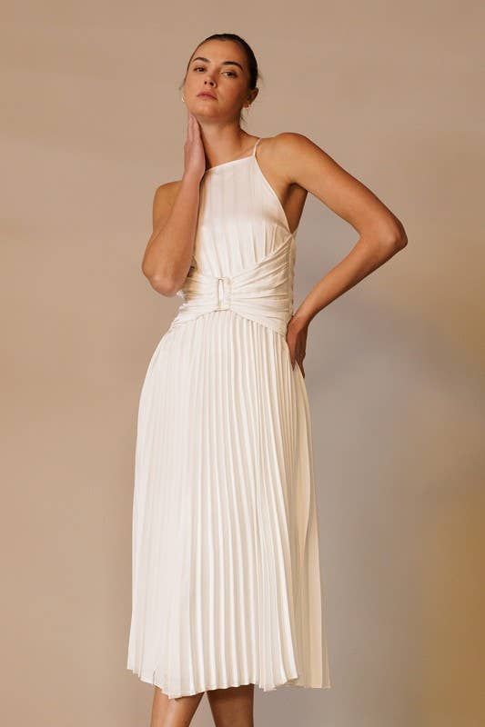 Elevate your formal attire with the Marilyn White Pleated Midi Dress. Featuring an apron neck, modern corset waist, and back tie, this plisse dress adds allure to any event. With its sophisticated design and charming details, you'll feel confident and polished. Perfect for both formal events and cocktail parties. Chic Maxi Dress With Fitted Bodice For Banquet, Fitted Tie-back Dressy Midi Dress, Sleeveless Pleated Midi Dress For Banquet, Chic Evening Dress With Pleated Bodice For Banquet, Fitted Pleated Evening Dress For Wedding, Elegant Halter Dress With Fitted Bodice For Date Night, Dressy Fitted Midi Dress With Tie Back, Fitted Halter Dress With Ruched Bodice For Wedding, Chic A-line Maxi Dress For Banquet