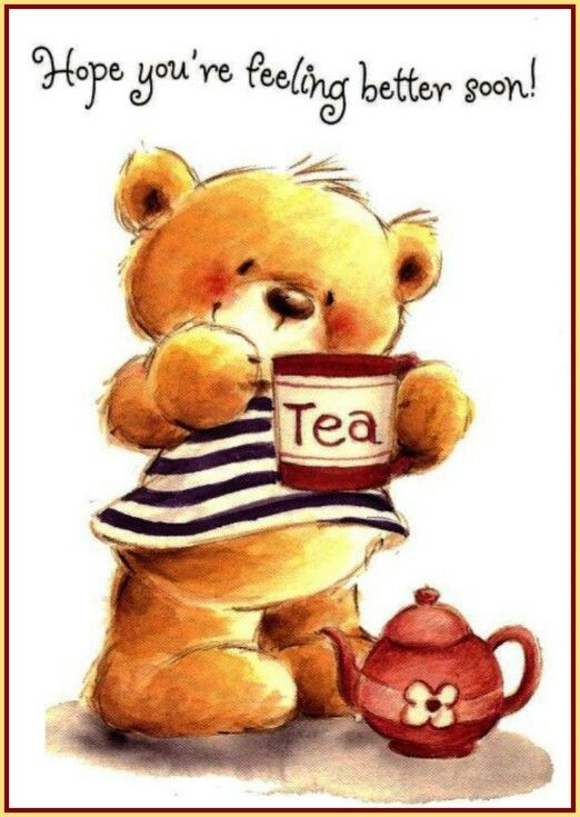 a drawing of a teddy bear holding a tea cup with the word tea on it