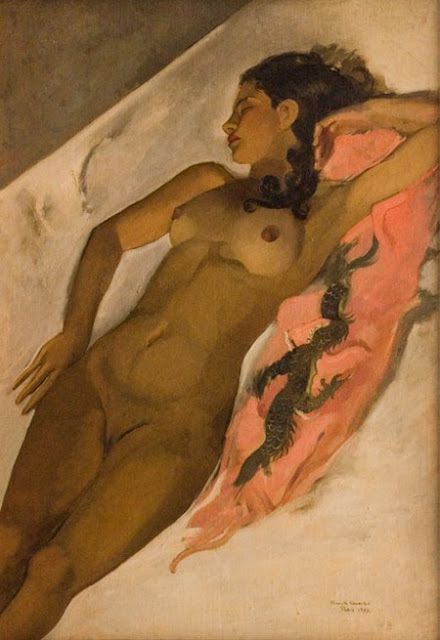 a painting of a naked woman laying on a pink blanket