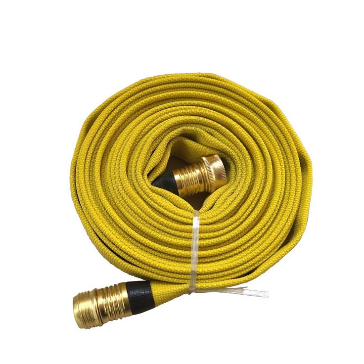 a yellow hose with two brass fittings on the end and an extension cord attached to it