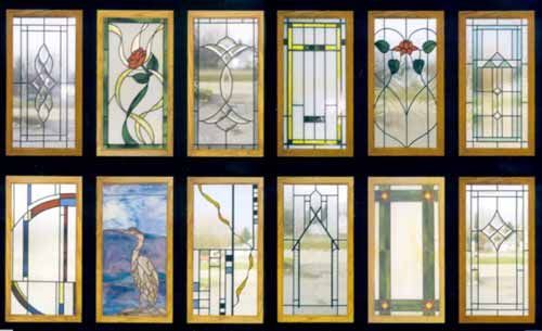 many different types of stained glass windows with designs on each window and in the middle