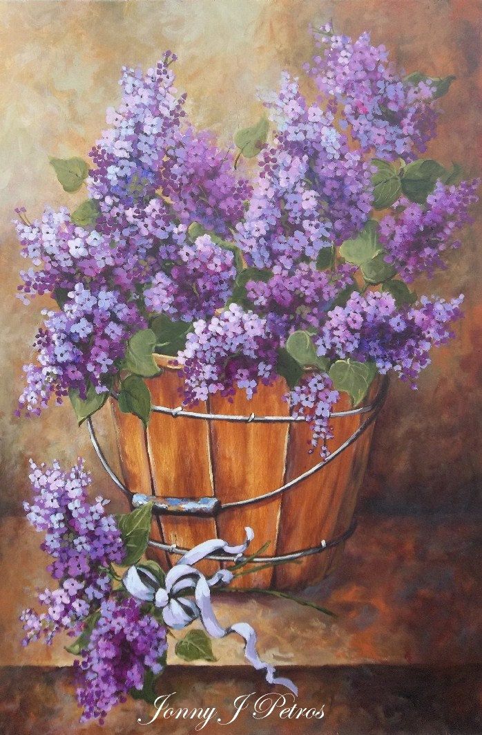 a painting of purple flowers in a basket