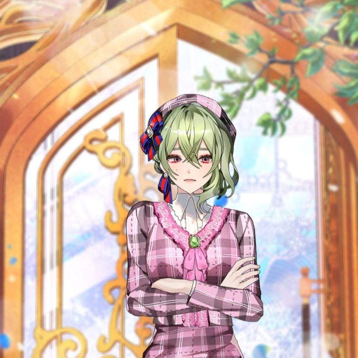 an anime character standing in front of a doorway with her arms crossed and looking at the camera