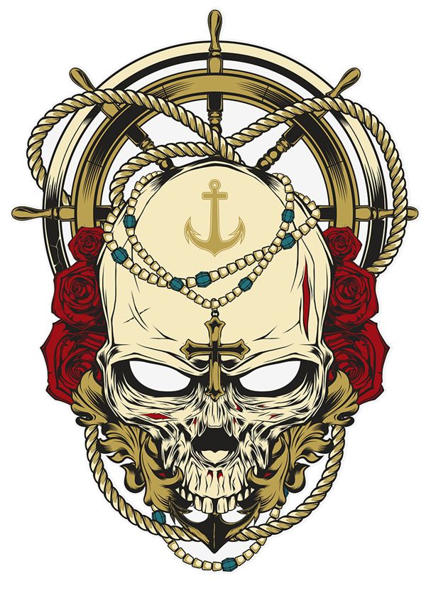 a skull with an anchor and roses on it's head