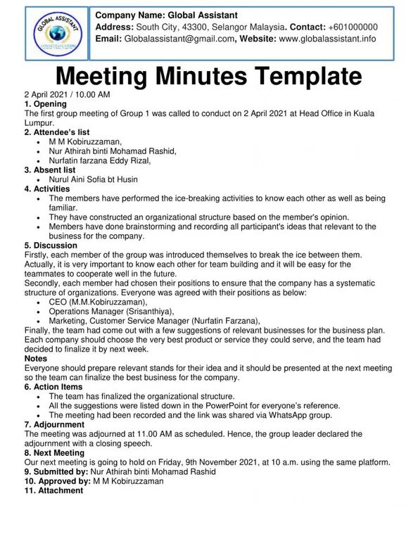 the meeting minutes template is shown in this file, and contains information for each meeting