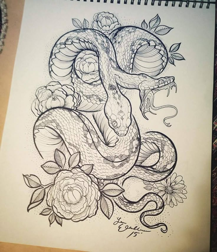 a drawing of a snake with roses on it