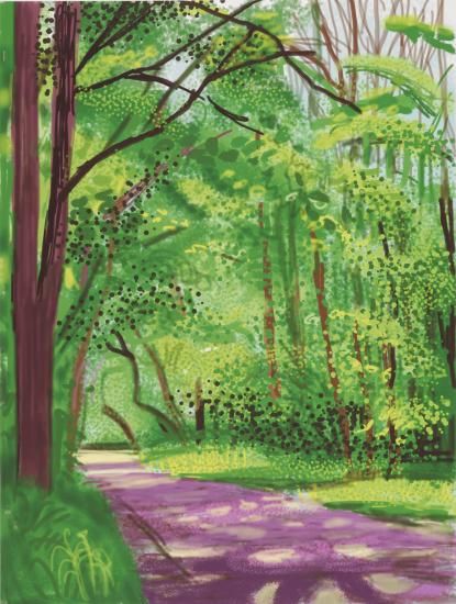 a painting of a path in the woods