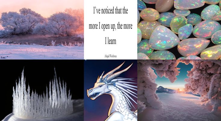 there are four different pictures in this collage that include snow, trees, and unicorns