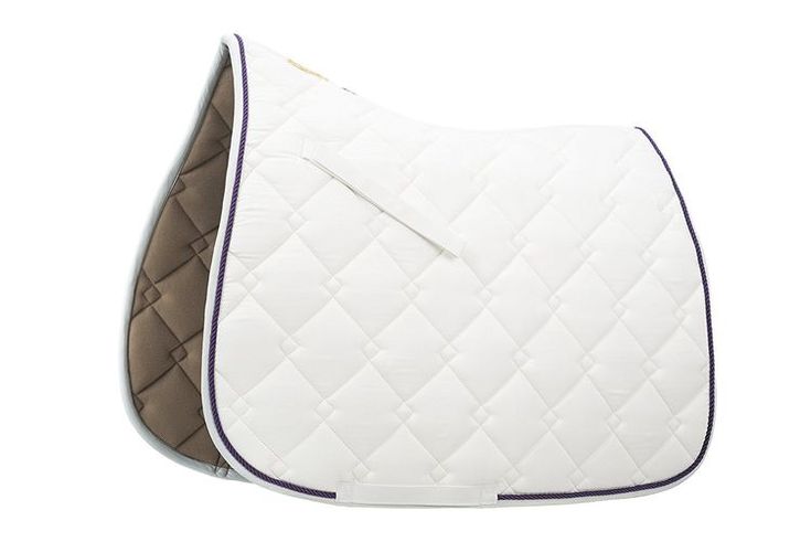 a white and brown horse saddle pad with purple piping on the side, isolated against a white background