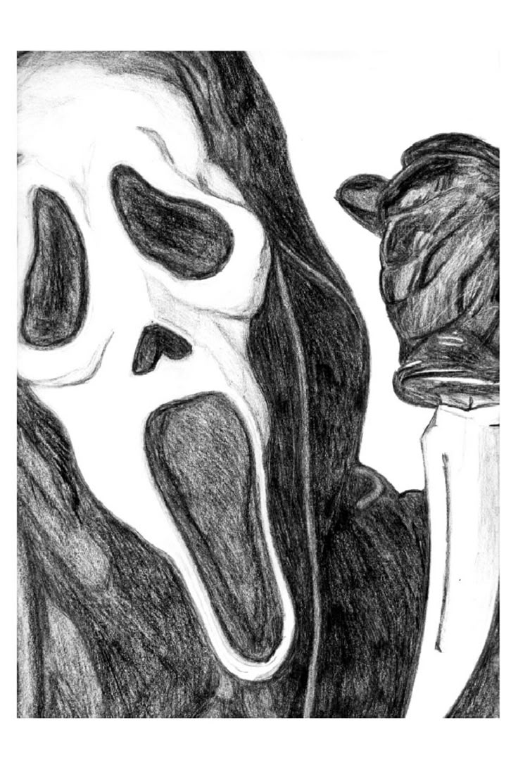 a black and white drawing of a person with a mask on their face holding a knife