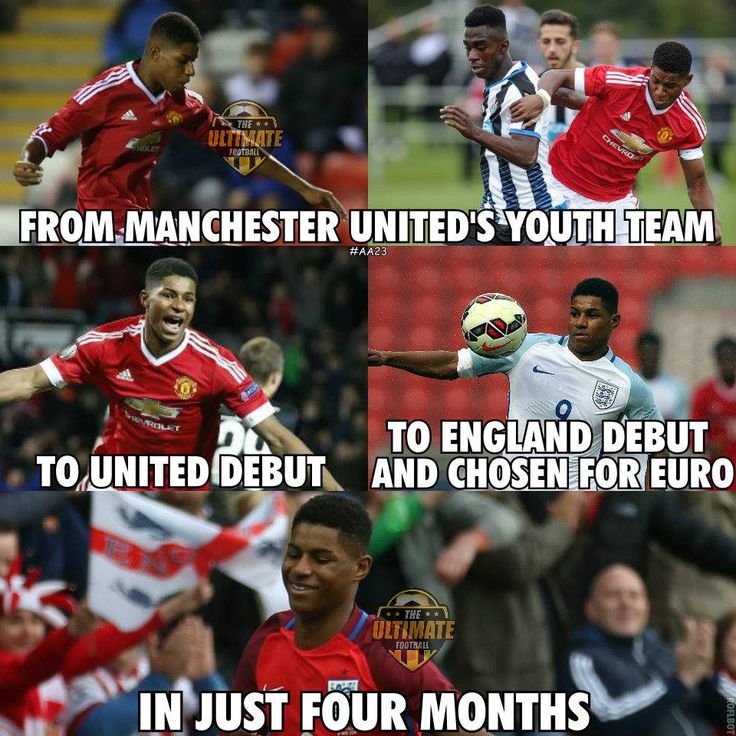 four different pictures of soccer players in red and white uniforms, one with the words manchester united