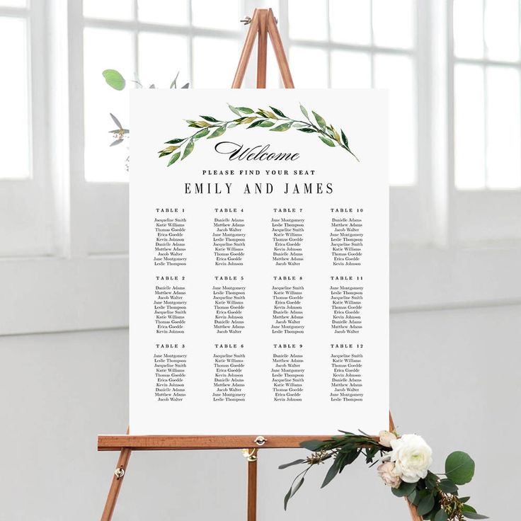 an easel with a wedding seating chart on it