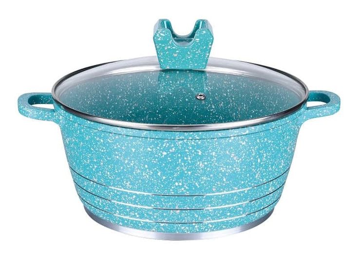 a blue casserole with a handle and handles on the side, sitting in front of a white background