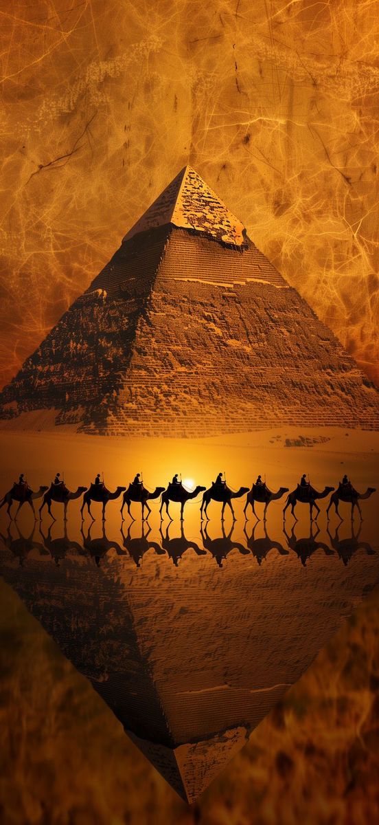 a group of people riding horses in front of a pyramid with the sun setting behind them