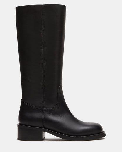 RIGGS Black Leather Square Toe Boot | Women's Boots Classic Knee-high Platform Boots For Business, Classic Winter Platform Boots With Square Toe, Classic Platform Boots For Fall, Flat Black Boots, Going Out Boots, Winter Square Toe Calf Leather Knee-high Boots, Classic Mid-calf Workwear Boots, Classic Square Toe Knee-high Boots For Fall, Winter Square Toe Knee-high Calf Leather Boots