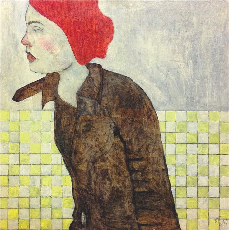 a painting of a woman with red hair in a brown jacket and green checkered wall