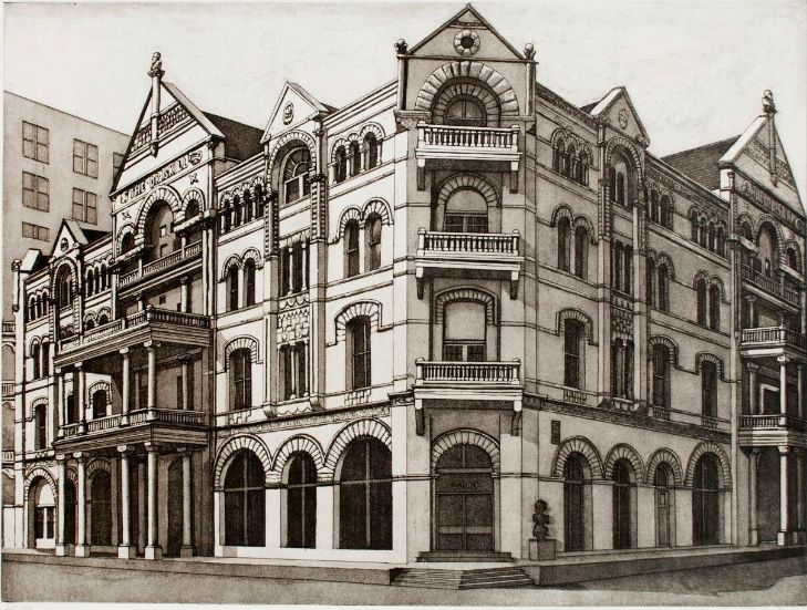 this is an old drawing of a building in the middle of town with many windows and balconies