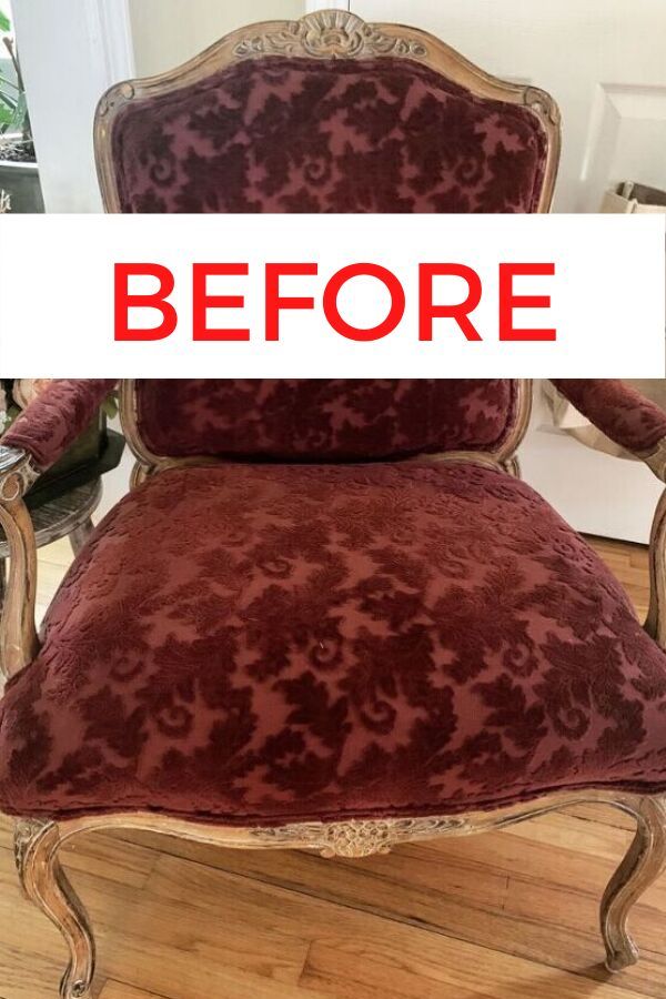 an old chair with red velvet upholstered on it and the words before overlaid