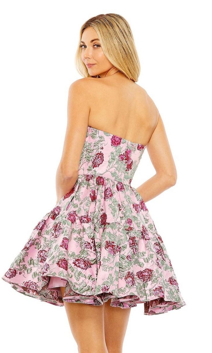 Short strapless a-line brocade foral-print party dress by Mac Duggal Spring Strapless Floral Dress, Spring Homecoming Strapless Dress With Fitted Bodice, Fitted Strapless Floral Dress, Strapless Dress With Fitted Bodice For Spring Homecoming, Floral Print Strapless Dress With Fitted Bodice For Party, Party Strapless Dress With Floral Print And Fitted Bodice, Strapless Dress With Floral Print For Party, Party Floral Dress With Fitted Bodice, Elegant Floral Print Mini Dress For Homecoming