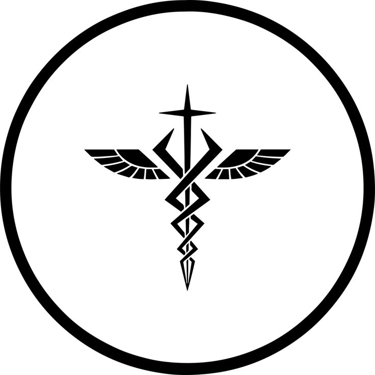 a black and white medical symbol in a circle with an arrow on the side,