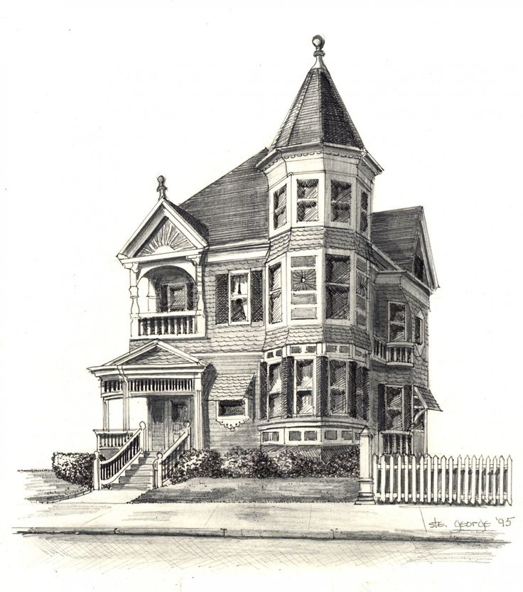 a drawing of a house with a picket fence