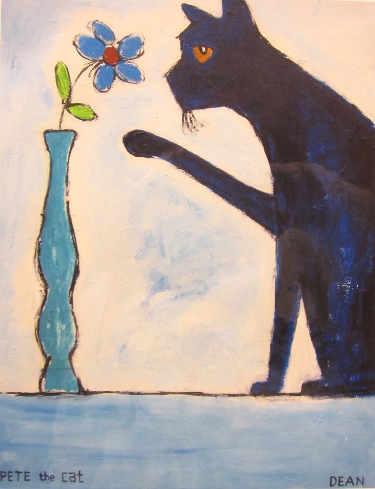 a painting of a black cat looking at a blue vase with a flower in it