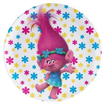 a paper plate with an image of a pink troll on the front and blue flowers in the back