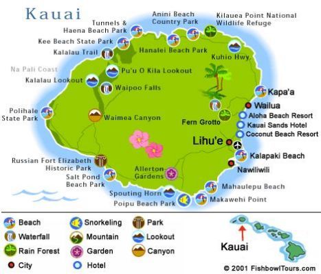 a map of kauai with all the main tourist attractions and places to visit