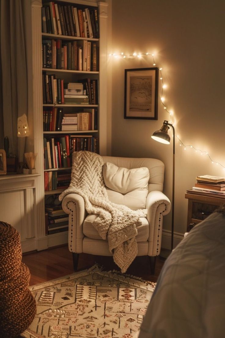 a white chair sitting in front of a book shelf filled with books